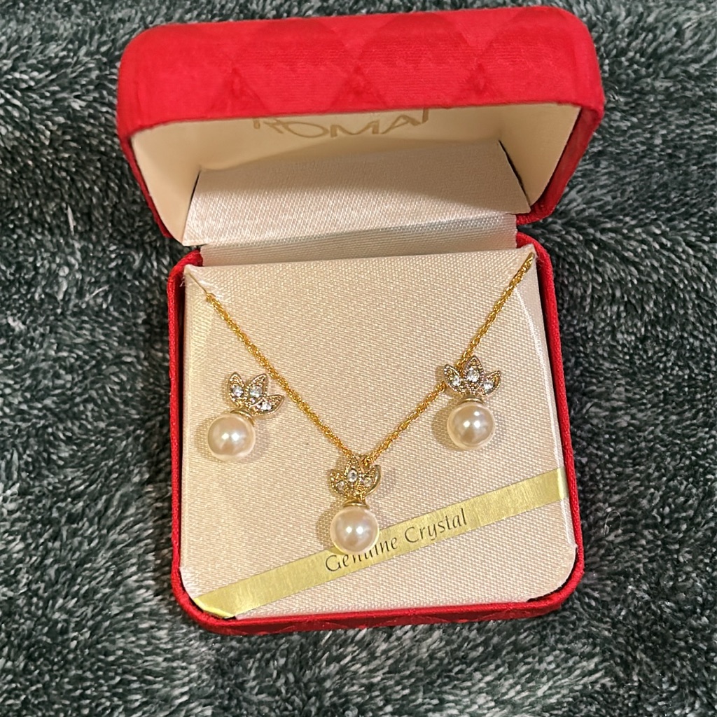 Roman Faux Pearl And Gold Necklace And Earring Set